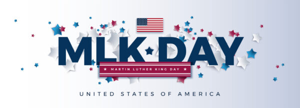 MLK Day – Martin Luther King Day powerful typography – USA flag and stars flying background – Vector illustration for banner, poster