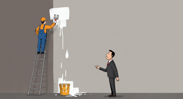 A painter on the stairs is casually painting the wall, and a man in a suit is pointing his finger at him.